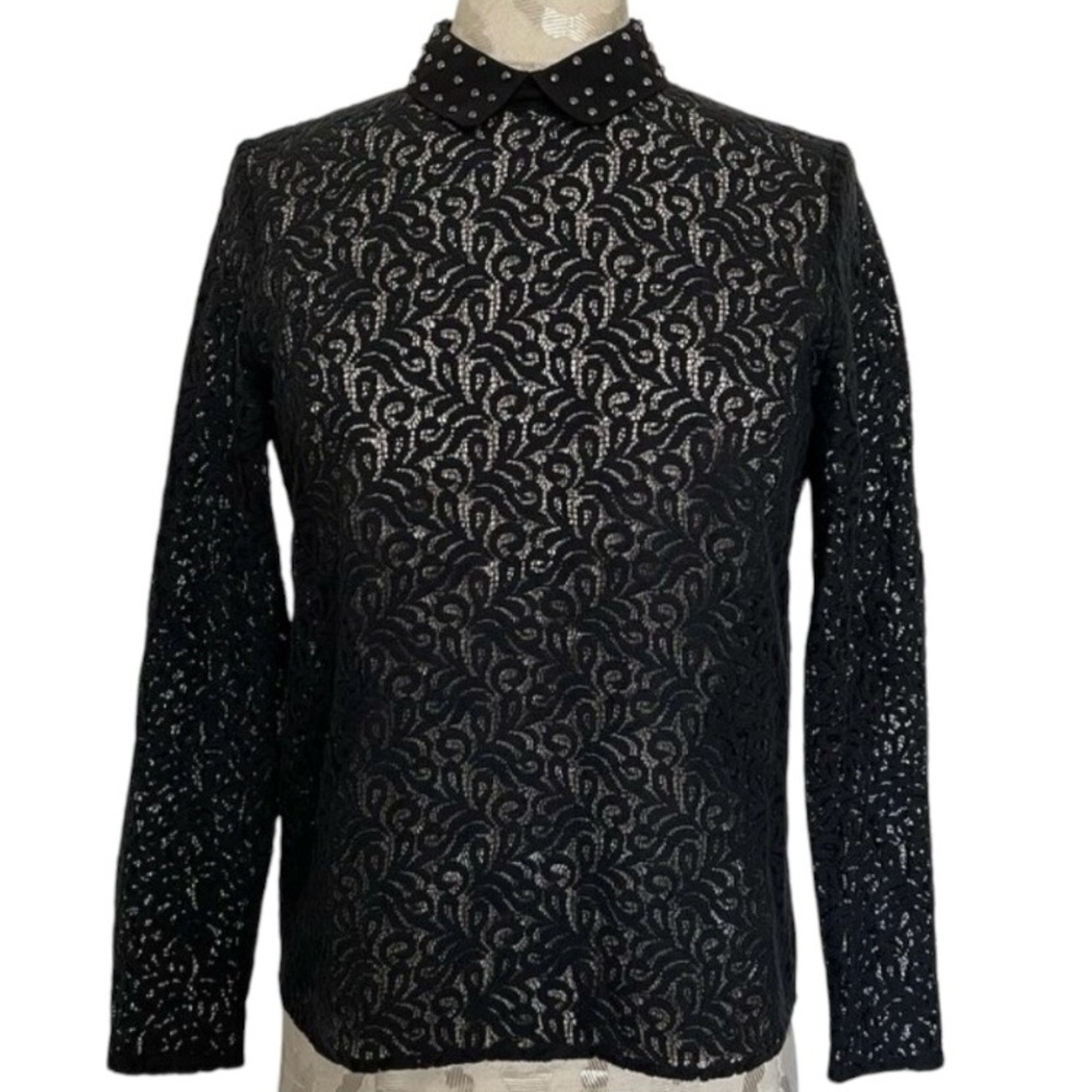 The Kooples Black Lace Top with Studded Collar